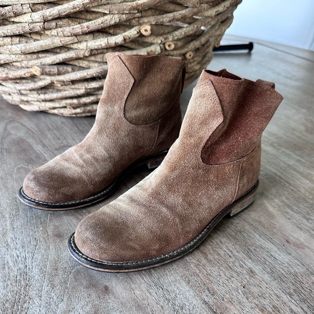 Italian booties, chestnut suede, all leather with rubber lug sole.